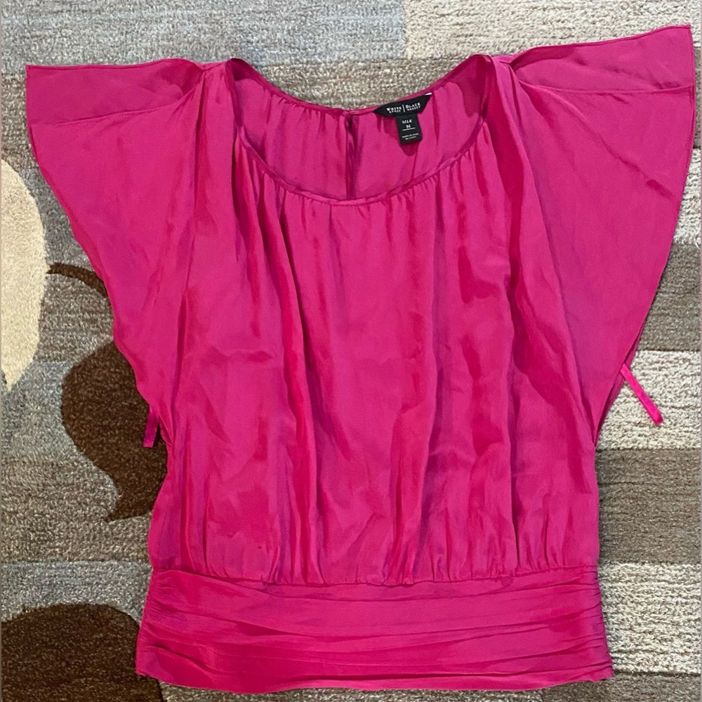 WHBM White House Black Market Magenta Silk Top w Shirred Waist & Split Sleeves